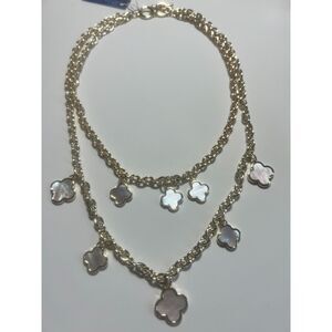 Gold Clover Charms Double Necklace, MOP irridescent look